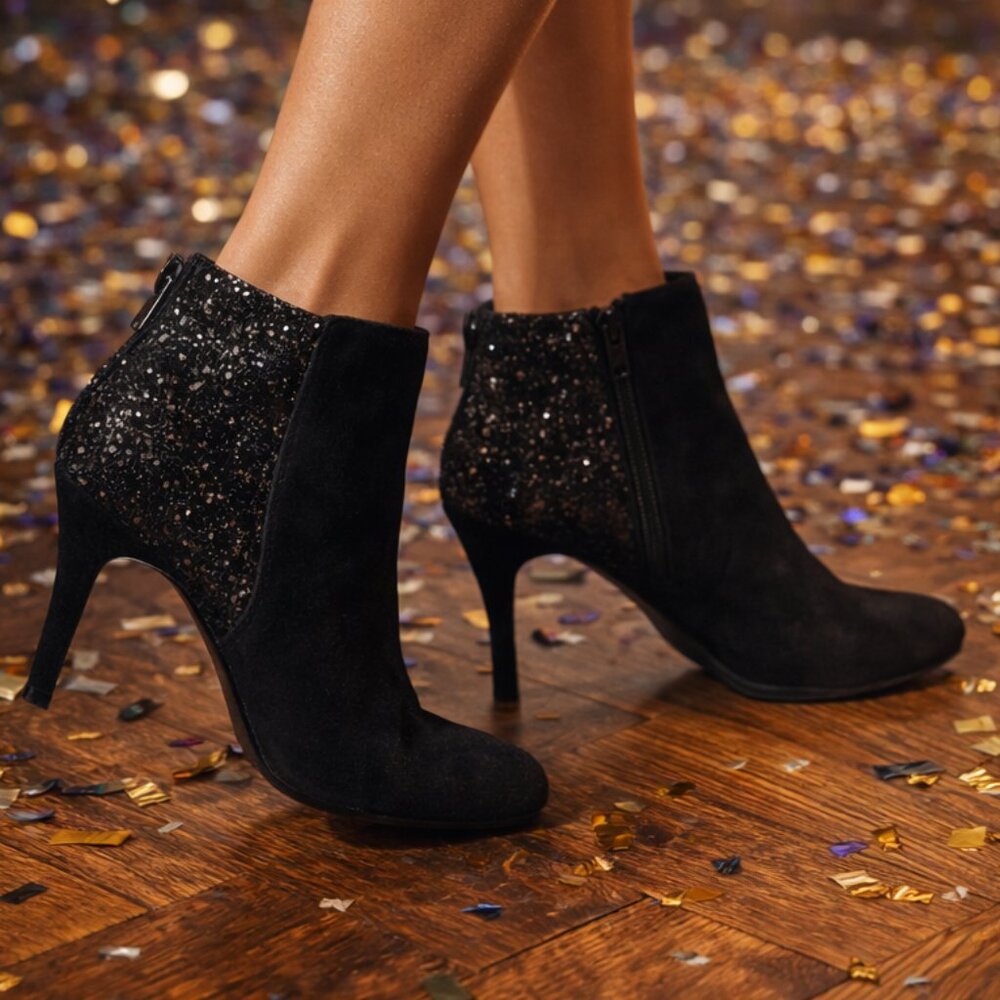 Glam! BCBG Black Suede Booties with Glitter Ankle — Size 6.5